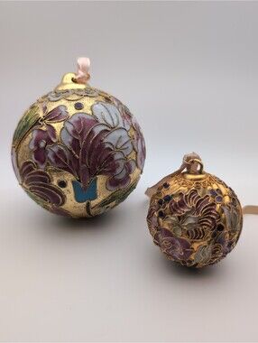 Victorian Cloisonné Round Floral Ornaments Pink Green Gold 4" / 2.5" Set of 2